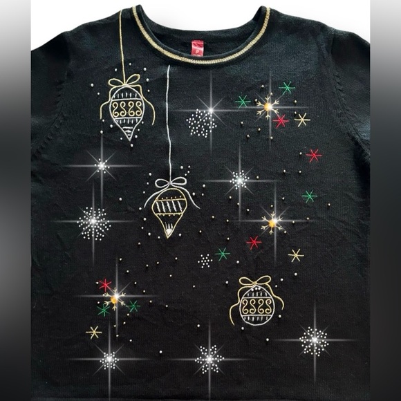 Ugly Christmas Sweater Black Ornaments Rhinestones Embroidery Womens Sz XL - Picture 6 of 11
